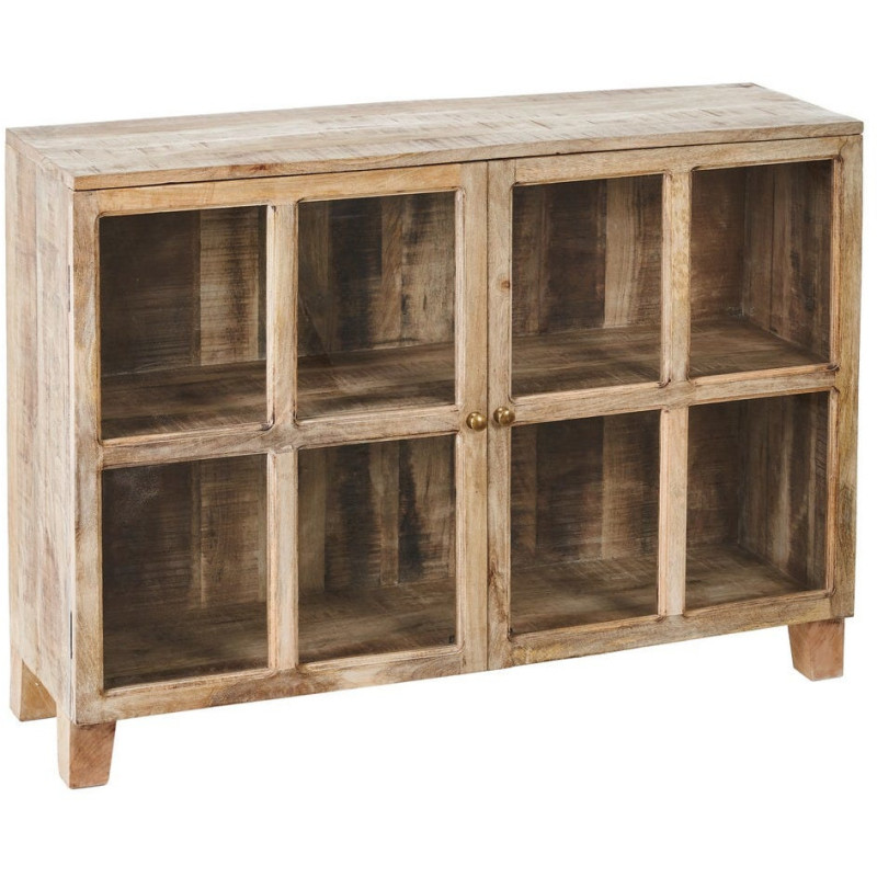 Buffet Vitrine rustique chic Bas 2 portes 2 étagères en Bois de manguier Naturel Verre Transparent Cala - 1