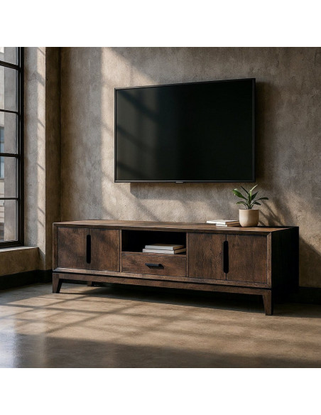 Grand Meuble télé moderne 4 portes 1 tiroir 1 niche en Bois de manguier Marron Kilian - 2
