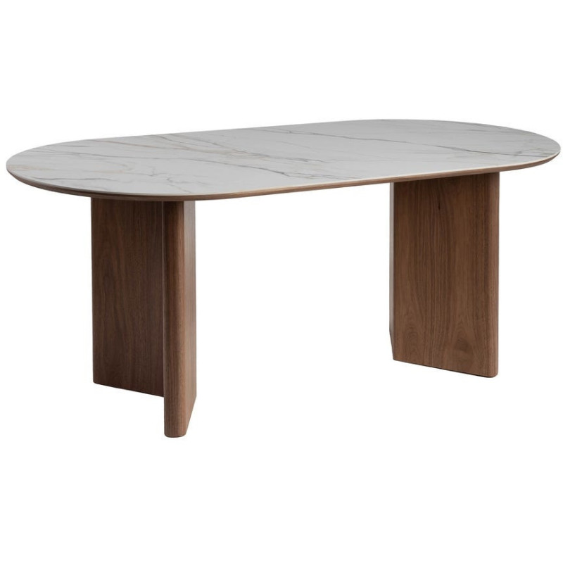 Table à manger moderne chic Ovale 6 personnes en Bois MDF Marron Céramique Blanc Effet marbre Leiza - 1