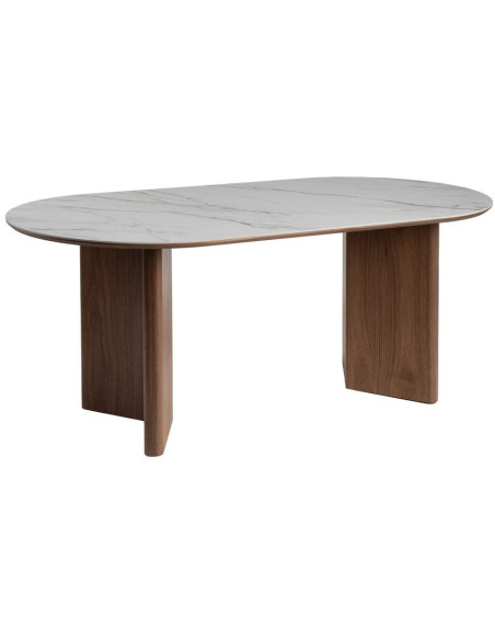 Table à manger moderne chic Ovale 6 personnes en Bois MDF Marron Céramique Blanc Effet marbre Leiza - 1