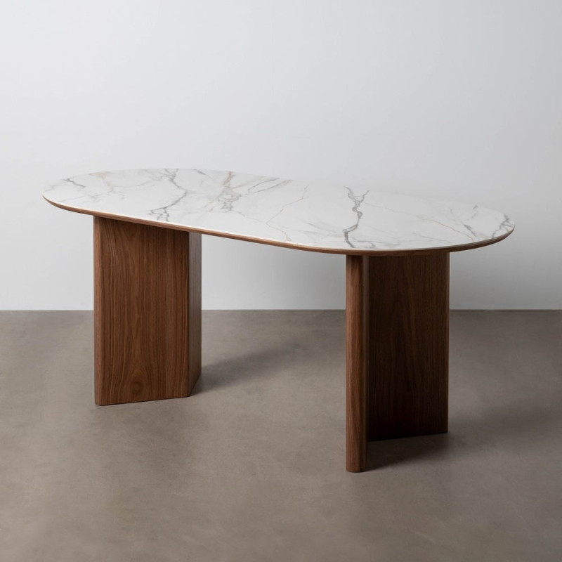Table à manger moderne chic Ovale 6 personnes en Bois MDF Marron Céramique Blanc Effet marbre Leiza - 10