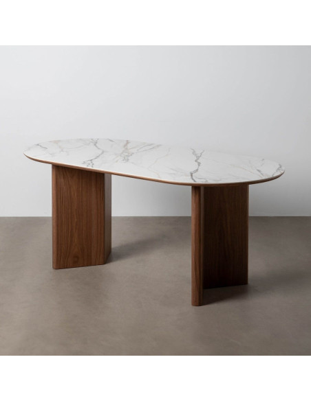 Table à manger moderne chic Ovale 6 personnes en Bois MDF Marron Céramique Blanc Effet marbre Leiza - 10