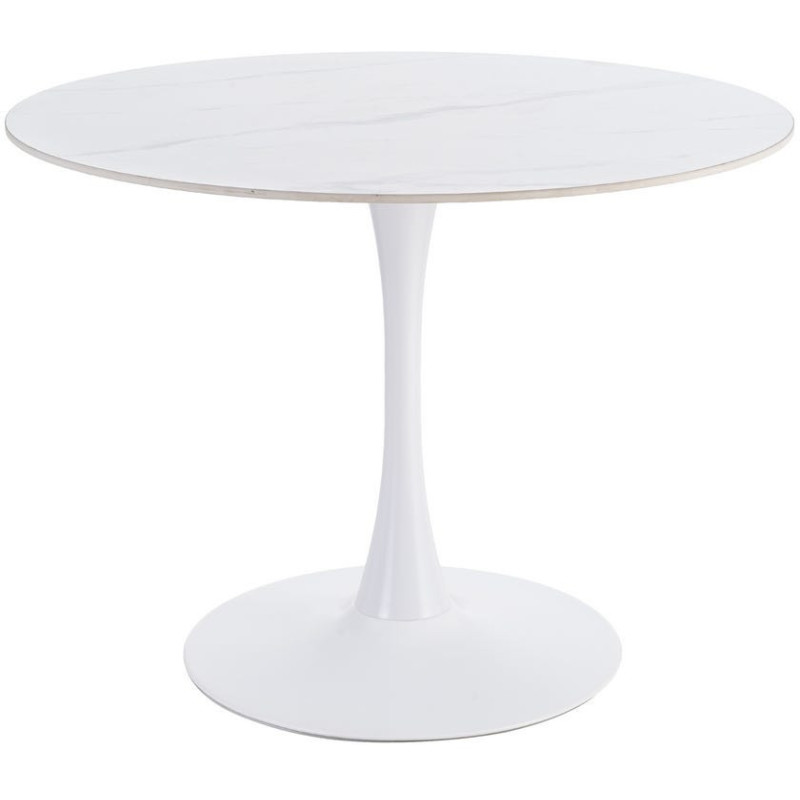 Table à manger moderne chic Ronde 4 personnes en Pierre frittée Blanc Motif marbré Métal Blanc Oshira - 1