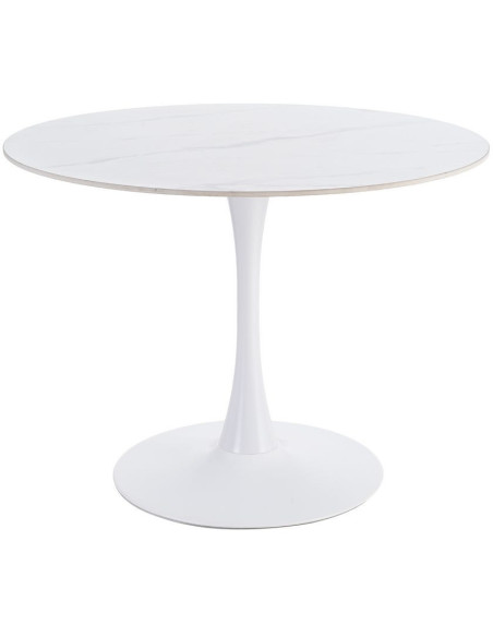 Table à manger moderne chic Ronde 4 personnes en Pierre frittée Blanc Motif marbré Métal Blanc Oshira - 1