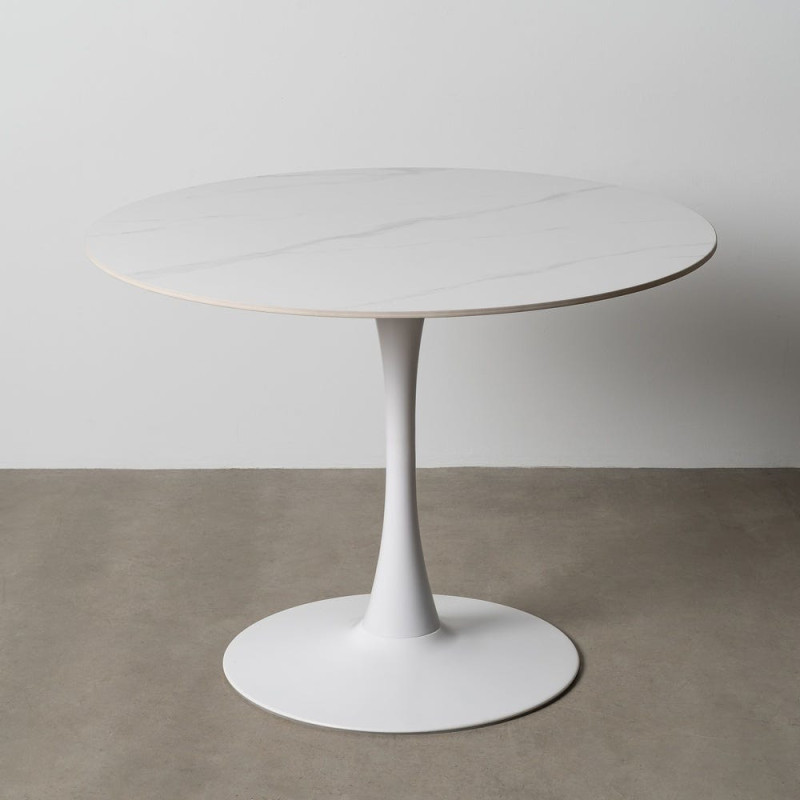 Table à manger moderne chic Ronde 4 personnes en Pierre frittée Blanc Motif marbré Métal Blanc Oshira - 2