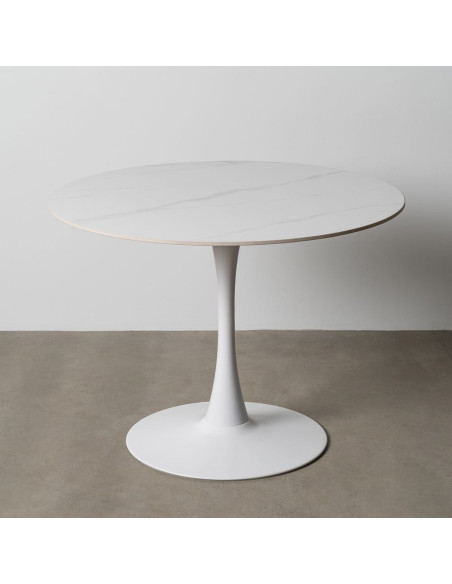 Table à manger moderne chic Ronde 4 personnes en Pierre frittée Blanc Motif marbré Métal Blanc Oshira - 2