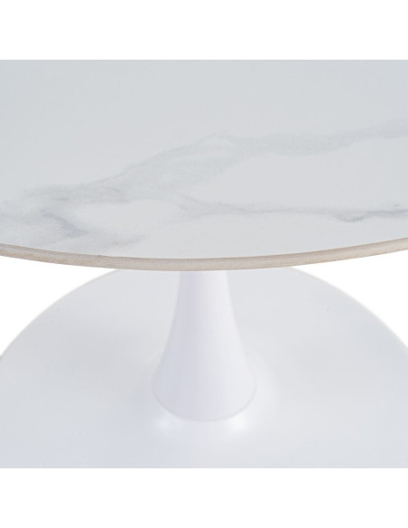 Table à manger moderne chic Ronde 4 personnes en Pierre frittée Blanc Motif marbré Métal Blanc Oshira - 3
