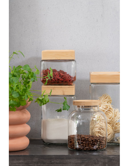 Pot avec couvercle 1,2 L Tom en Verre Transparent Bambou Naturel - 7