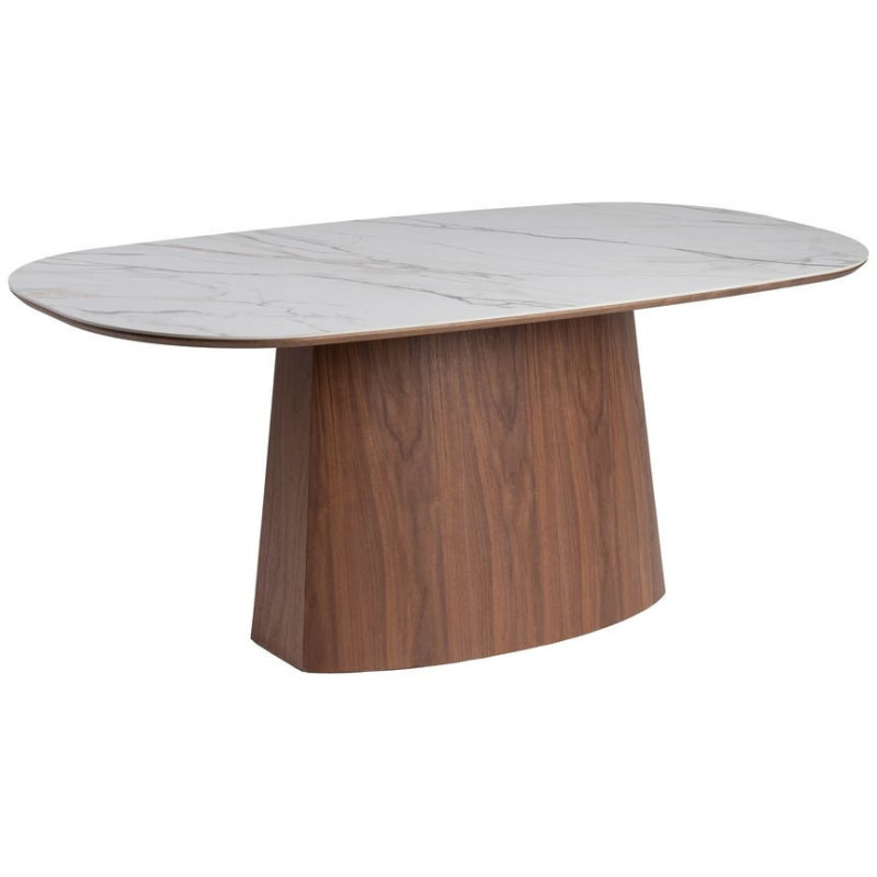 Table à manger moderne chic Ovale 6 personnes en Bois MDF Marron Céramique Blanc Effet marbre Ezka - 1