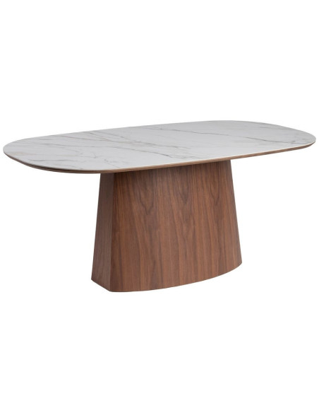 Table à manger moderne chic Ovale 6 personnes en Bois MDF Marron Céramique Blanc Effet marbre Ezka - 1