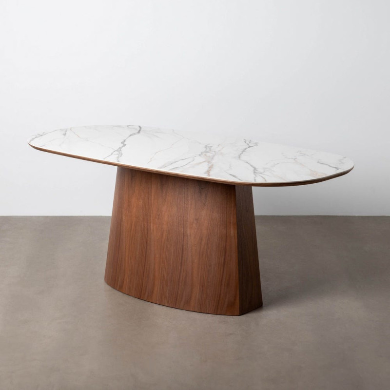 Table à manger moderne chic Ovale 6 personnes en Bois MDF Marron Céramique Blanc Effet marbre Ezka - 10