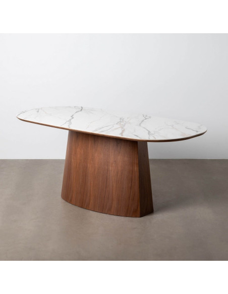 Table à manger moderne chic Ovale 6 personnes en Bois MDF Marron Céramique Blanc Effet marbre Ezka - 10