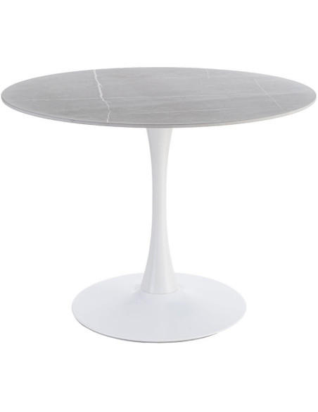 Table à manger moderne chic Ronde 4 personnes en Pierre frittée Gris Motif marbré Métal Blanc Oshira - 1