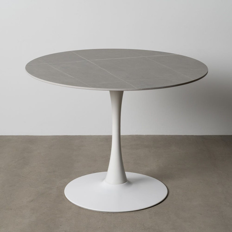 Table à manger moderne chic Ronde 4 personnes en Pierre frittée Gris Motif marbré Métal Blanc Oshira - 2