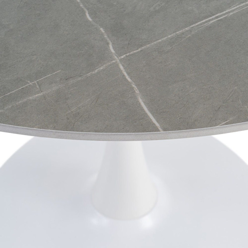 Table à manger moderne chic Ronde 4 personnes en Pierre frittée Gris Motif marbré Métal Blanc Oshira - 3