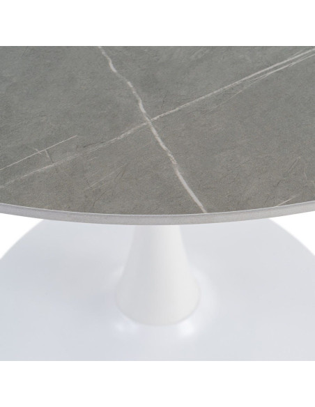 Table à manger moderne chic Ronde 4 personnes en Pierre frittée Gris Motif marbré Métal Blanc Oshira - 3