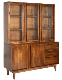 Grand Buffet Vaisselier mid-century moderne Haut 5 portes 3 tiroirs en Bois de manguier Marron Verre Transparent Garrel - 1