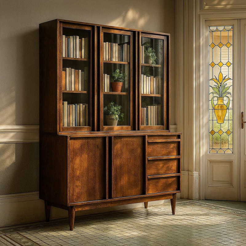 Grand Buffet Vaisselier mid-century moderne Haut 5 portes 3 tiroirs en Bois de manguier Marron Verre Transparent Garrel - 2