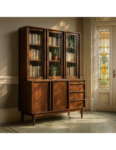 Grand Buffet Vaisselier mid-century moderne Haut 5 portes 3 tiroirs en Bois de manguier Marron Verre Transparent Garrel - 2