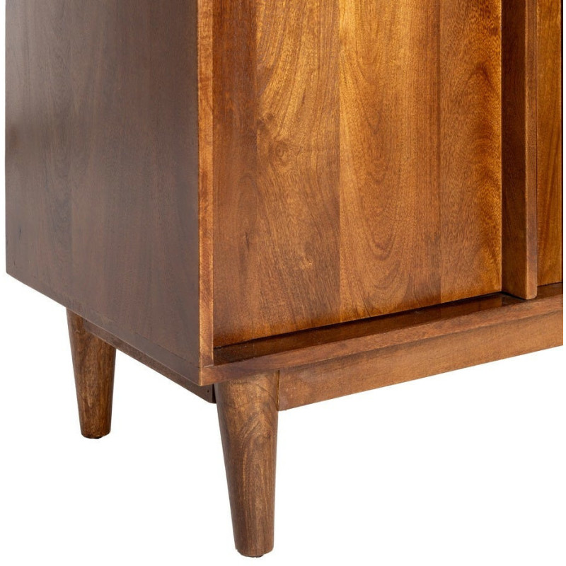 Grand Buffet Vaisselier mid-century moderne Haut 5 portes 3 tiroirs en Bois de manguier Marron Verre Transparent Garrel - 3