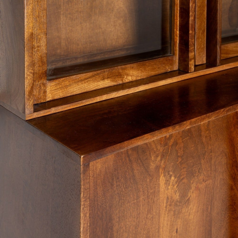 Grand Buffet Vaisselier mid-century moderne Haut 5 portes 3 tiroirs en Bois de manguier Marron Verre Transparent Garrel - 4