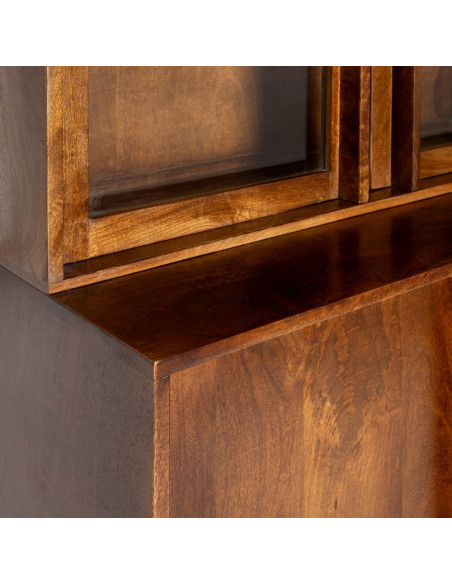 Grand Buffet Vaisselier mid-century moderne Haut 5 portes 3 tiroirs en Bois de manguier Marron Verre Transparent Garrel - 4
