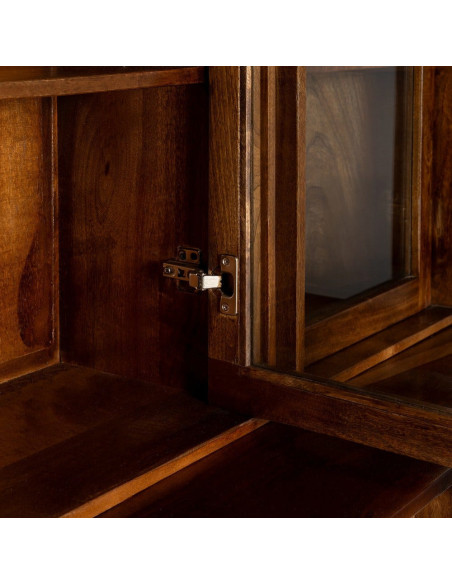 Grand Buffet Vaisselier mid-century moderne Haut 5 portes 3 tiroirs en Bois de manguier Marron Verre Transparent Garrel - 5