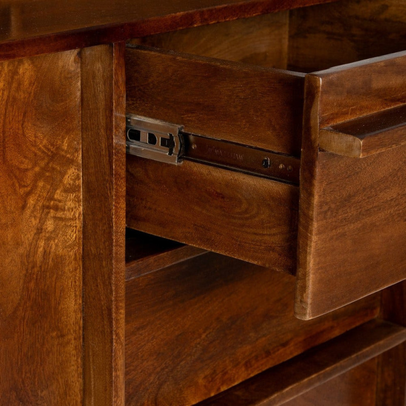 Grand Buffet Vaisselier mid-century moderne Haut 5 portes 3 tiroirs en Bois de manguier Marron Verre Transparent Garrel - 7