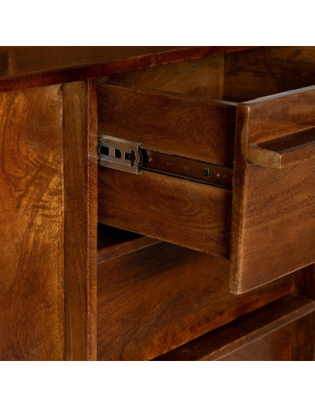 Grand Buffet Vaisselier mid-century moderne Haut 5 portes 3 tiroirs en Bois de manguier Marron Verre Transparent Garrel - 7