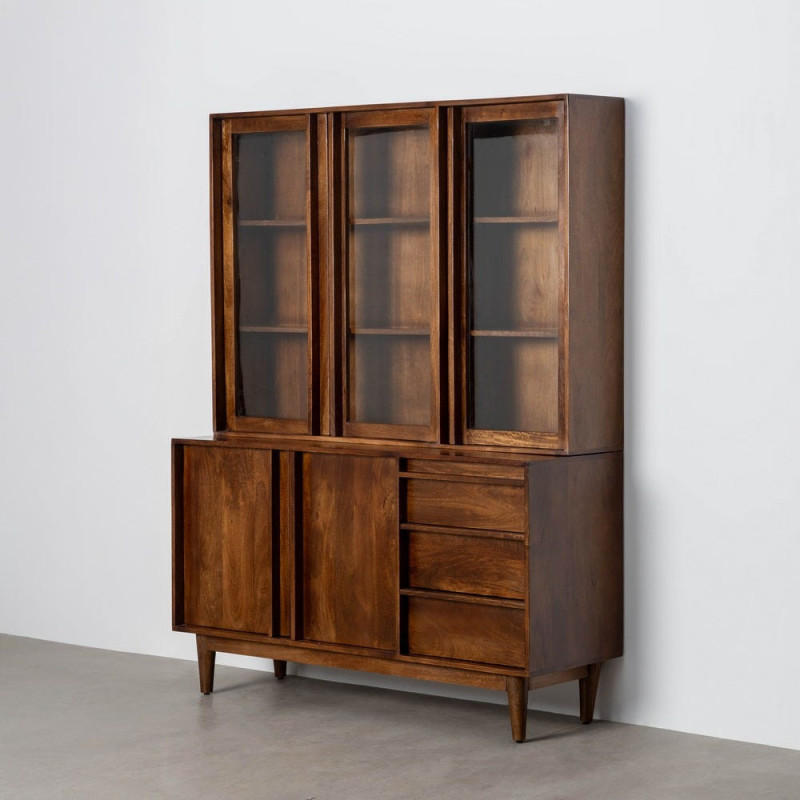 Grand Buffet Vaisselier mid-century moderne Haut 5 portes 3 tiroirs en Bois de manguier Marron Verre Transparent Garrel - 8