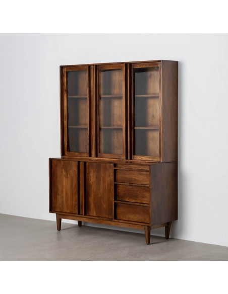 Grand Buffet Vaisselier mid-century moderne Haut 5 portes 3 tiroirs en Bois de manguier Marron Verre Transparent Garrel - 8