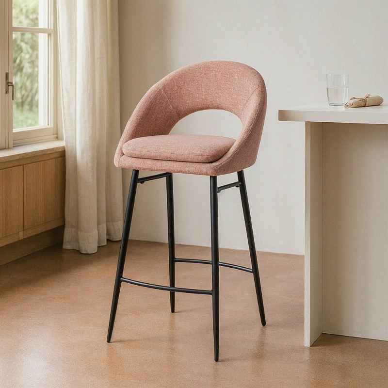 Tabouret de bar haut de gamme) en Tissu Rose pêche Métal Noir Munira (Lot de 2 - 2