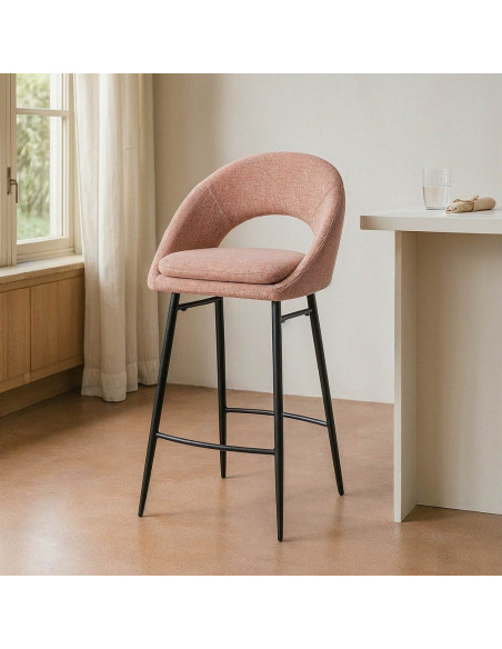Tabouret de bar haut de gamme) en Tissu Rose pêche Métal Noir Munira (Lot de 2 - 2