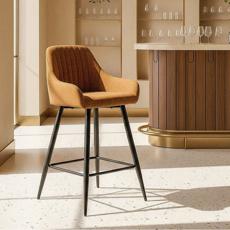 Tabouret de bar haut de gamme en Tissu Marron Surpiqûre verticale Métal Noir Ohlira (Lot de 2) - 2
