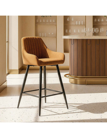 Tabouret de bar haut de gamme en Tissu Marron Surpiqûre verticale Métal Noir Ohlira (Lot de 2) - 2