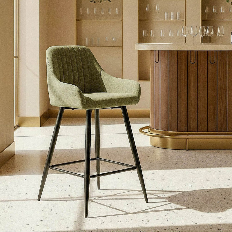 Tabouret de bar haut de gamme en Tissu Vert Surpiqûre verticale Métal Noir Ohlira (Lot de 2) - 2