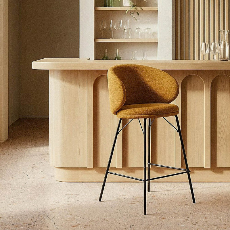 Tabouret de bar moderne confortable en Tissu Jaune moutarde Métal Noir Harava (Lot de 2) - 2