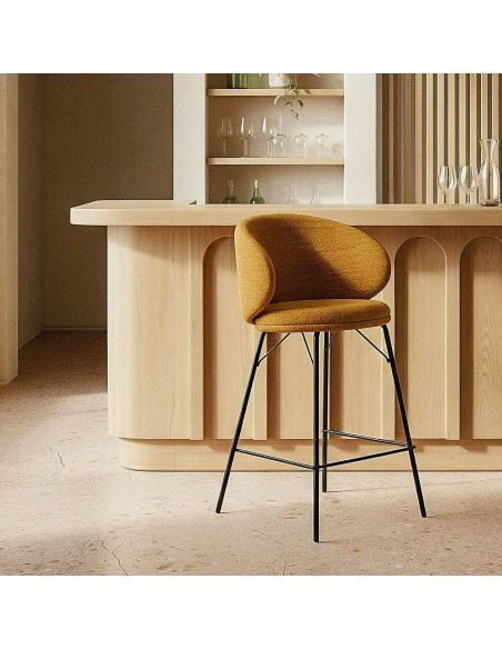 Tabouret de bar moderne confortable en Tissu Jaune moutarde Métal Noir Harava (Lot de 2) - 2