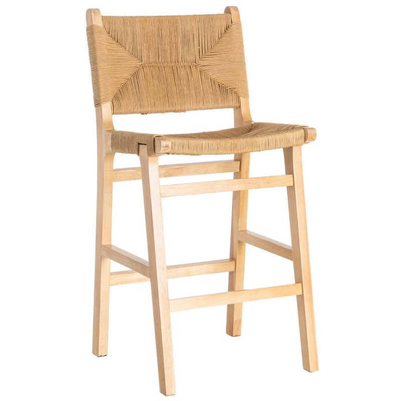 Tabouret de comptoir scandinave en Bois d'hévéa Naturel Corde de papier Beige Tressé Nelora (Lot de 2) - 1