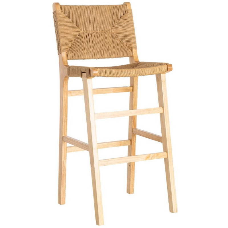 Tabouret de bar scandinave en Bois d'hévéa Naturel Corde de papier Beige Tressé Nelora (Lot de 2) - 1