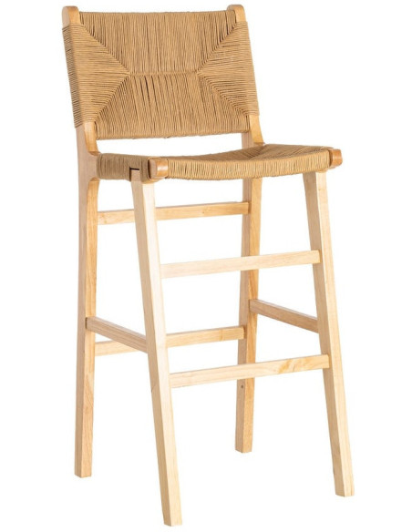 Tabouret de bar scandinave en Bois d'hévéa Naturel Corde de papier Beige Tressé Nelora (Lot de 2) - 1
