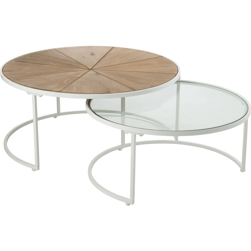 Table basse Gigogne Ronde Pure en Métal Blanc Bois Naturel Verre (Lot de 2) - 1