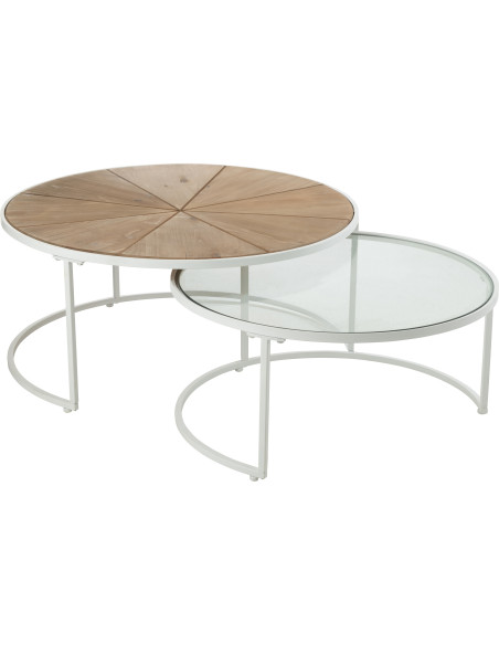 Table basse Gigogne Ronde Pure en Métal Blanc Bois Naturel Verre (Lot de 2) - 1