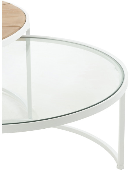 Table basse Gigogne Ronde Pure en Métal Blanc Bois Naturel Verre (Lot de 2) - 4