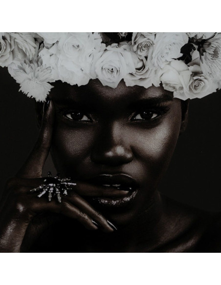 Grand Tableau mural impression sur verre Femme Fleurs 80x120 en Verre trempé Noir Blanc Ansia - 3