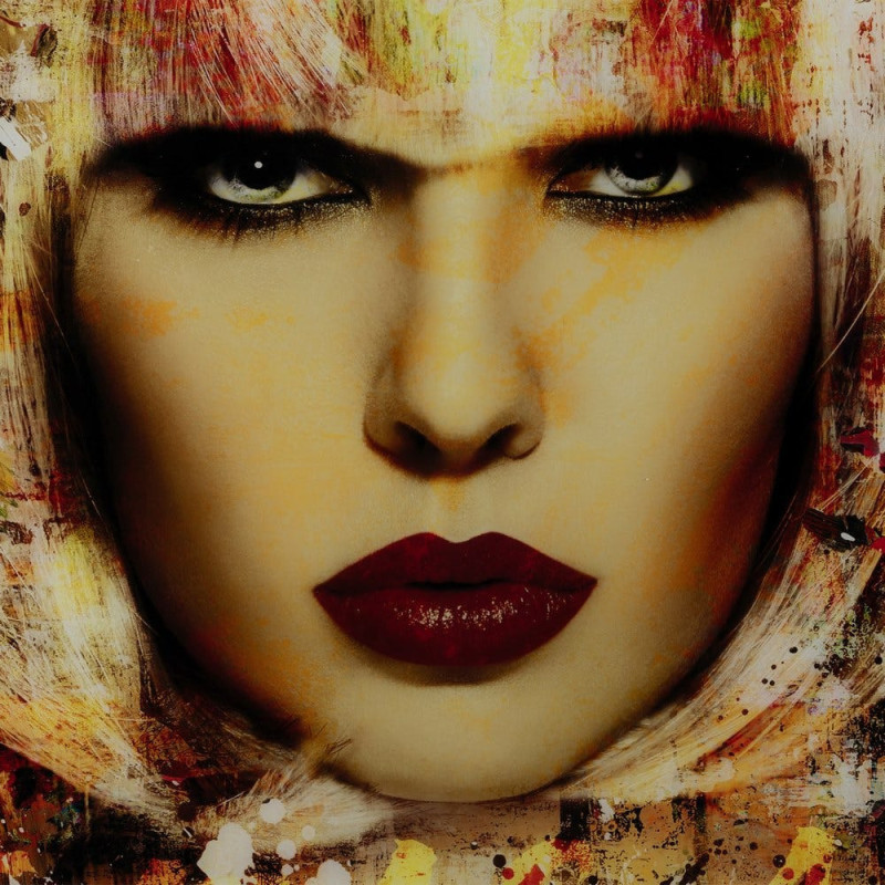Grand Tableau mural impression sur verre Visage de femme 120x120 en Verre trempé Jaune Rouge Maira - 4