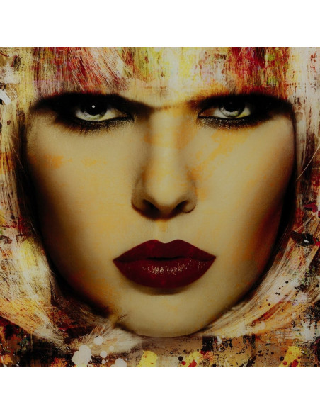 Grand Tableau mural impression sur verre Visage de femme 120x120 en Verre trempé Jaune Rouge Maira - 4