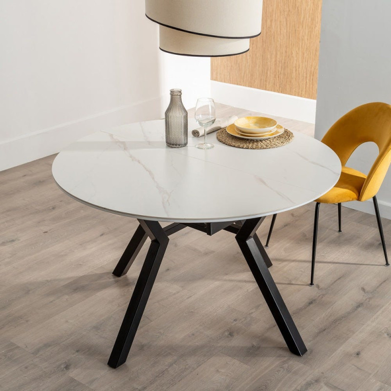 Table à manger extensible moderne chic Ovale 6 personnes en Céramique Blanc Effet marbre Métal Noir Nayat - 11