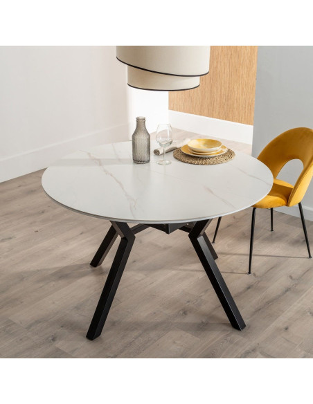 Table à manger extensible moderne chic Ovale 6 personnes en Céramique Blanc Effet marbre Métal Noir Nayat - 11