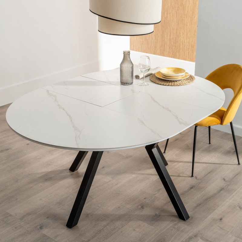 Table à manger extensible moderne chic Ovale 6 personnes en Céramique Blanc Effet marbre Métal Noir Nayat - 12